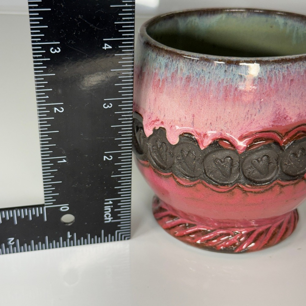 Handmade Ceramic Mug Pink Green Glaze Embossed Floral Handle Hearts Heavy Coffee